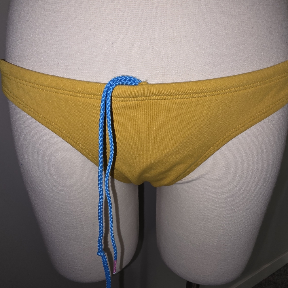 Jolyn Clothing MIDL Yellow Active Bikini Bottom Black Logo Patch Drawstring Sz S - Picture 2 of 16